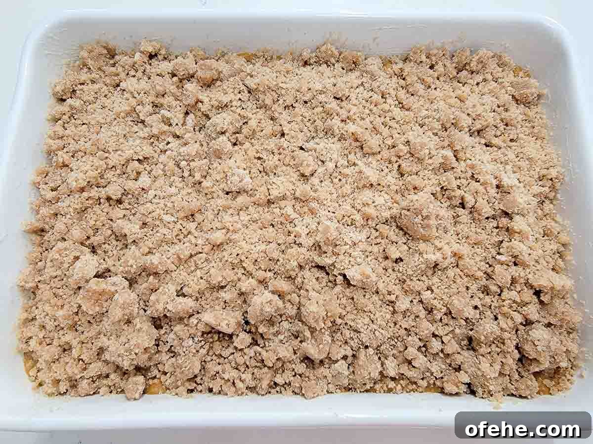 Ultimate Pumpkin Crisp Recipe for Fall Gatherings 5 butter, flour, sugar, cinnamon, and salt topping over pumpkin batter in a baking dish.