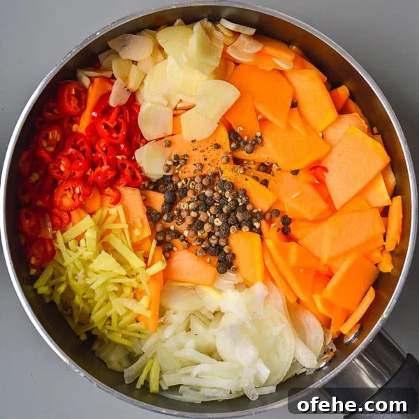 Saucepan with sliced pumpkin, onions, ginger, red chili peppers, garlic and black peppercorns