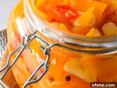 View into a glass jar with clear liquid, orange vegetable slices, garlic and red chilis