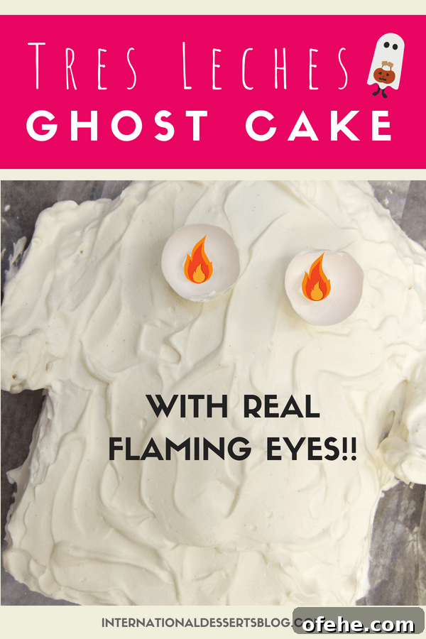 Authentic Tres Leches Cake Recipe: Flaming Eye Ghost Cake Dessert 2 Remember this Flaming Eye Ghost Cake from childhood? The eyes glow in the dark! I made this one even better by making a Tres Leches Cake. So cute for a Halloween party or birthday!