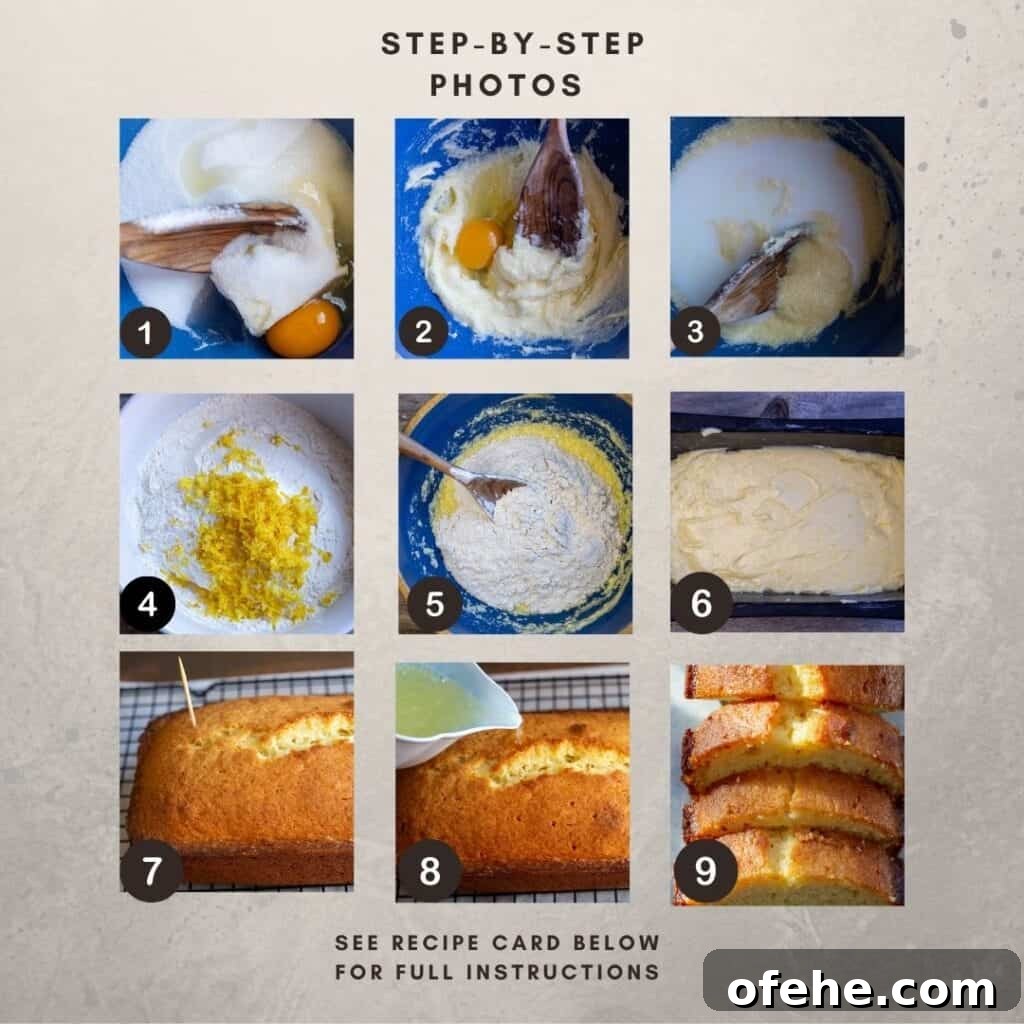 Classic Glazed Lemon Loaf with Zesty Sugar Glaze 4 Numbered Step by Step photos showing process images for how to make Glazed Lemon Loaf.