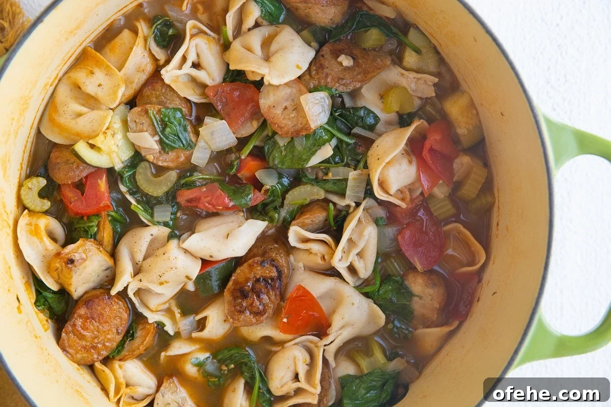 Horizontal image of big pot of tortellini soup.