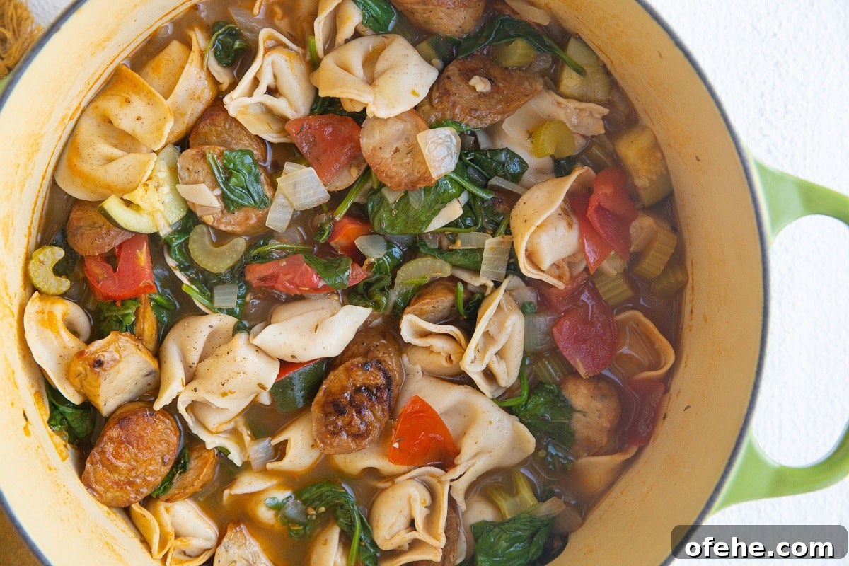 Horizontal image of big pot of tortellini soup.