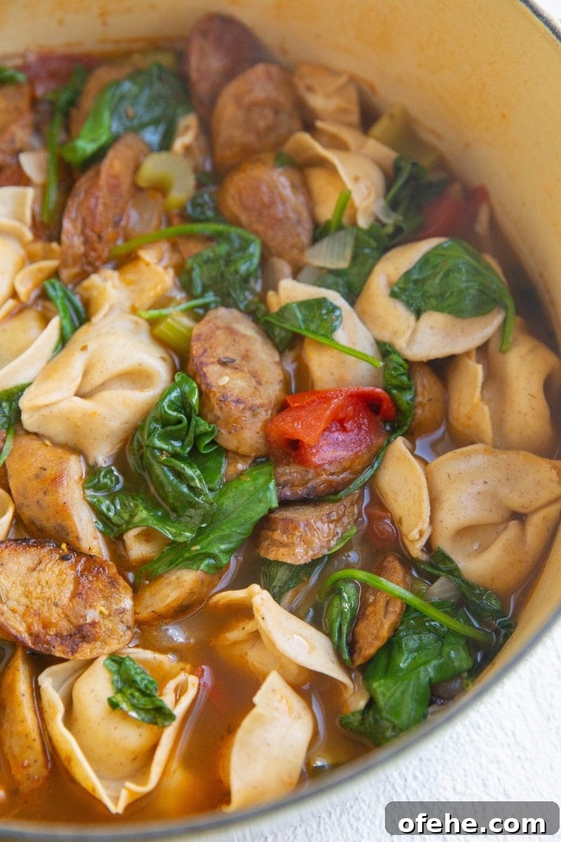 Finished tortellini soup in a pot