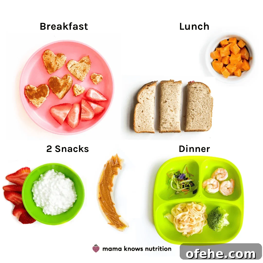 Healthy Toddler Meals Day of plated meals and snacks for toddler on colorful plates