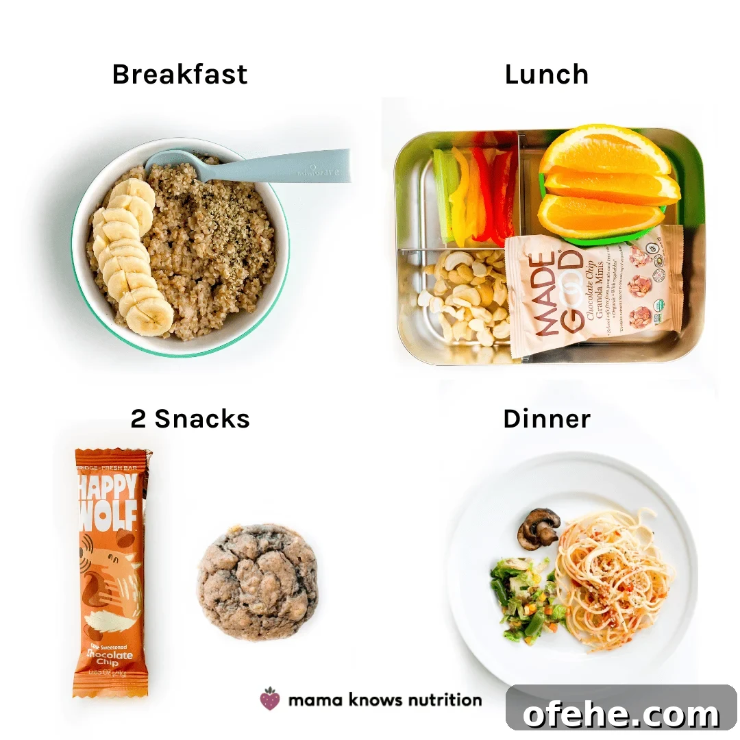 Healthy Toddler Meals Day of plated meals and snacks for toddler on colorful plates