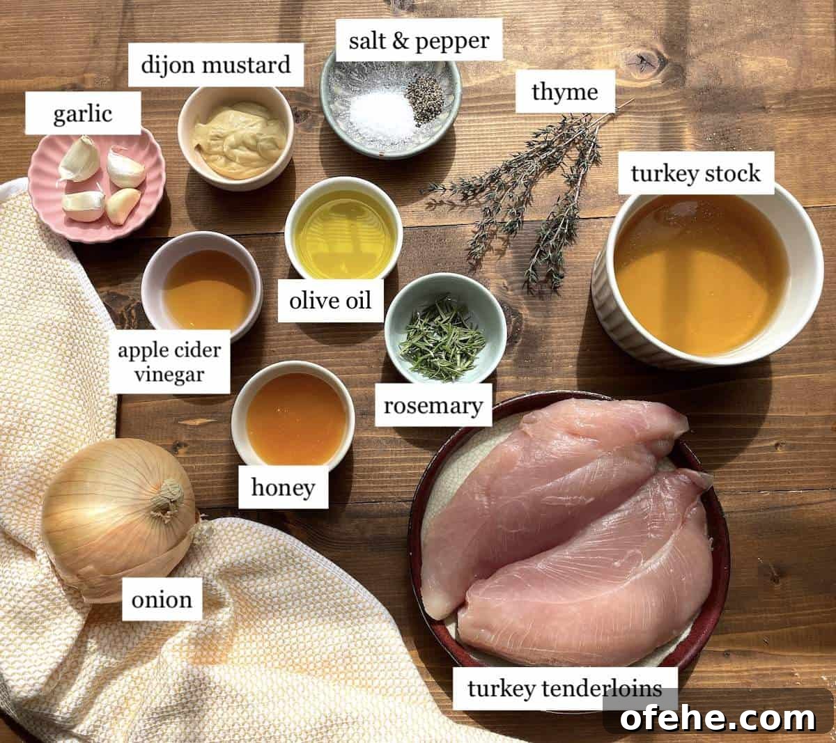 Crockpot Turkey Tenderloins in Honey Mustard Gravy 3 The ingredients needed to make crockpot turkey tenderloins, laid out and labeled.