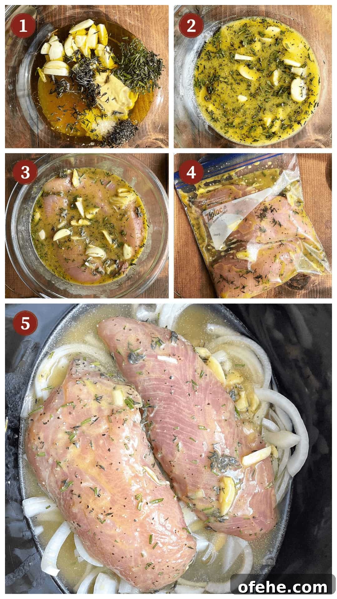 Crockpot Turkey Tenderloins in Honey Mustard Gravy 4 A collage of images showing how to make crockpot turkey tenderloins, steps 1-5.