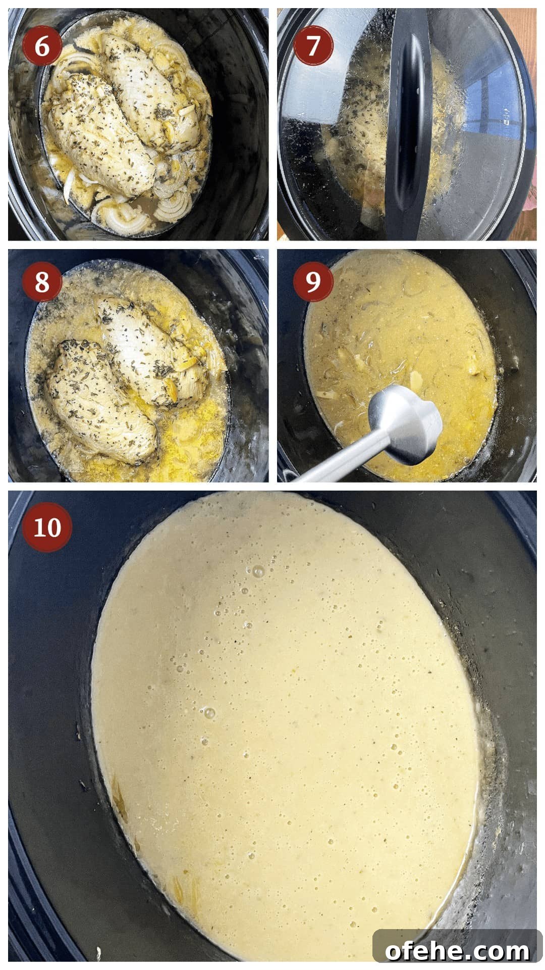 Crockpot Turkey Tenderloins in Honey Mustard Gravy 5 A collage of images showing how to cook crockpot turkey tenderloins, steps 6-10.