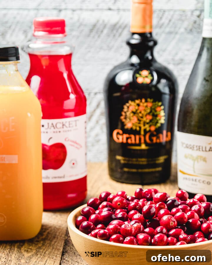 Cranberry Mimosa ingredients Ingredients shown: orange Juice, cranberry juice, Gran Gala, prosecco, and bowl of cranberries.