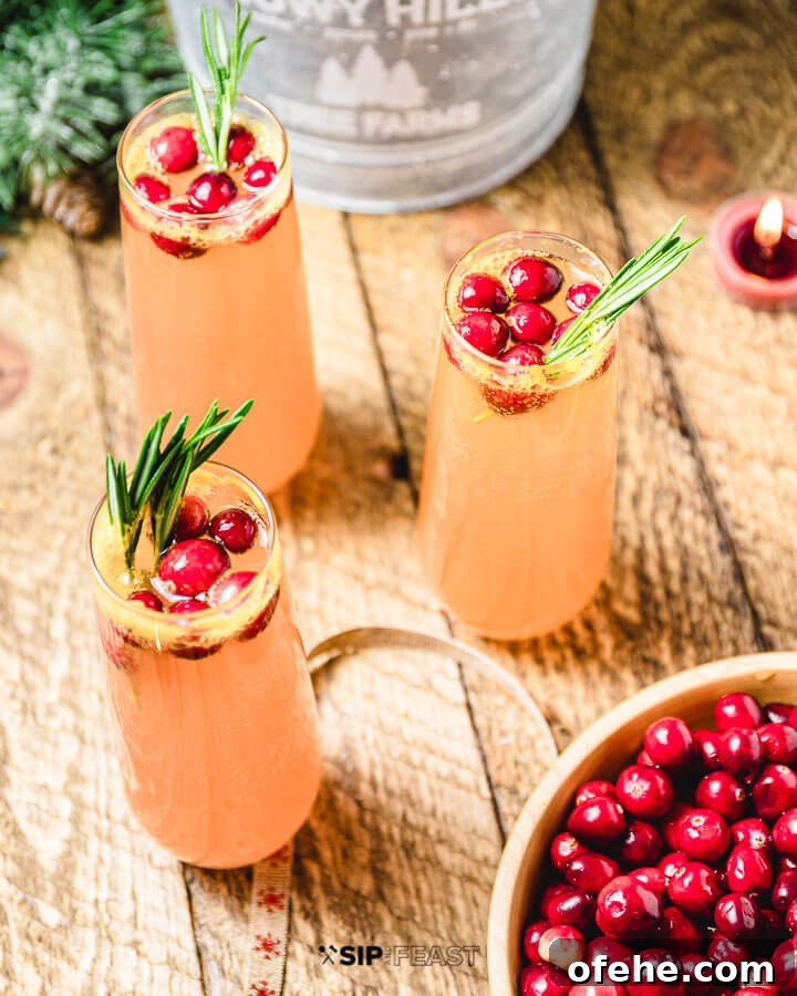 Cranberry Mimosas 3 glasses of cranberry mimosas with bowl of cranberries on the side.