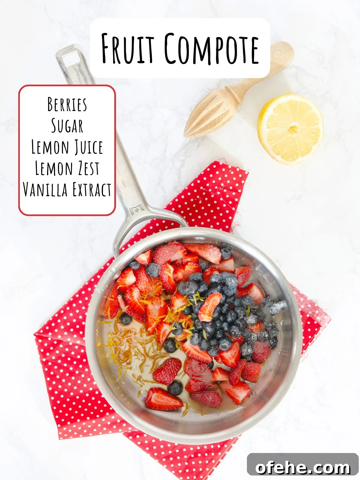Fruit Compote Ideas: Delicious Pancake Toppers and More 3 Ingredient shot for fruit compote showing all ingredients in a pot with a lemon reamer and sliced lemon on the side.