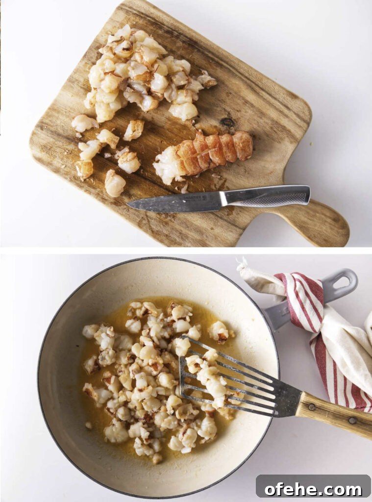 Lobster Ravioli Recipe: Creamy Sauce and Lemon Herb Tips 5 Chopping lobster tail meat and adding it to a skillet to make lobster ravioli filling.
