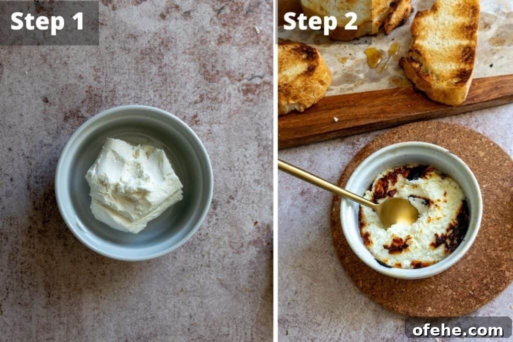 Creamy Baked Goat Cheese Dip with Honey and Herbs 4 Steps to make baked goat cheese