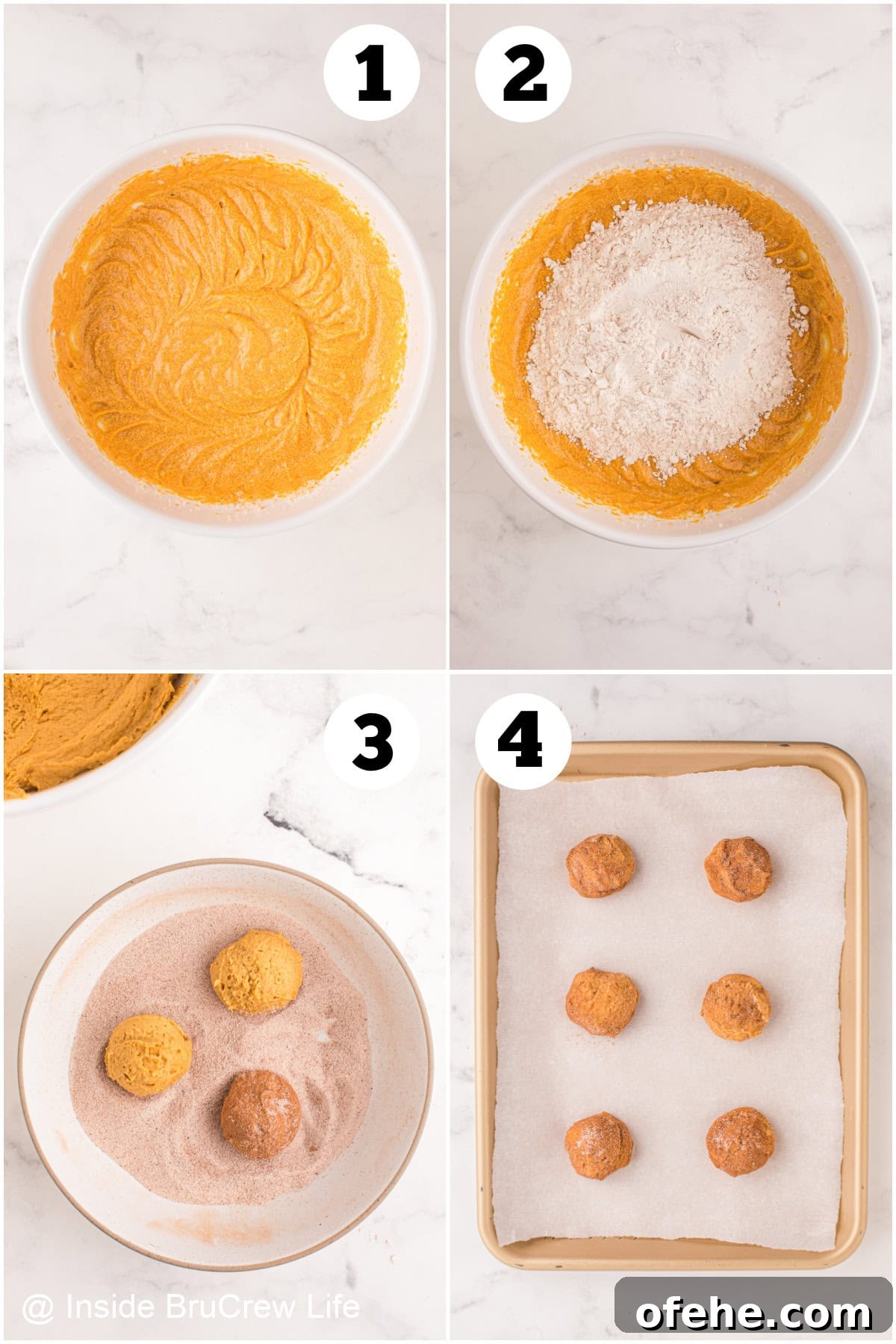 Pumpkin Snickerdoodle Cookies — Soft Fall Spice Recipe 4 Four pictures collaged together showing how to make pumpkin snickerdoodle cookies.