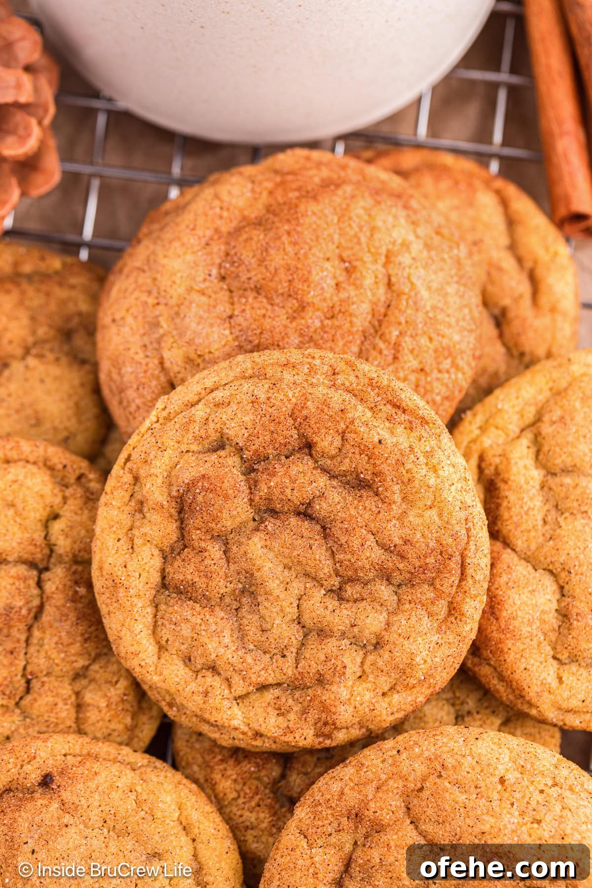 Pumpkin Snickerdoodle Cookies — Soft Fall Spice Recipe 5 Cinnamon sugar coated pumpkin cookies stacked on a tray.