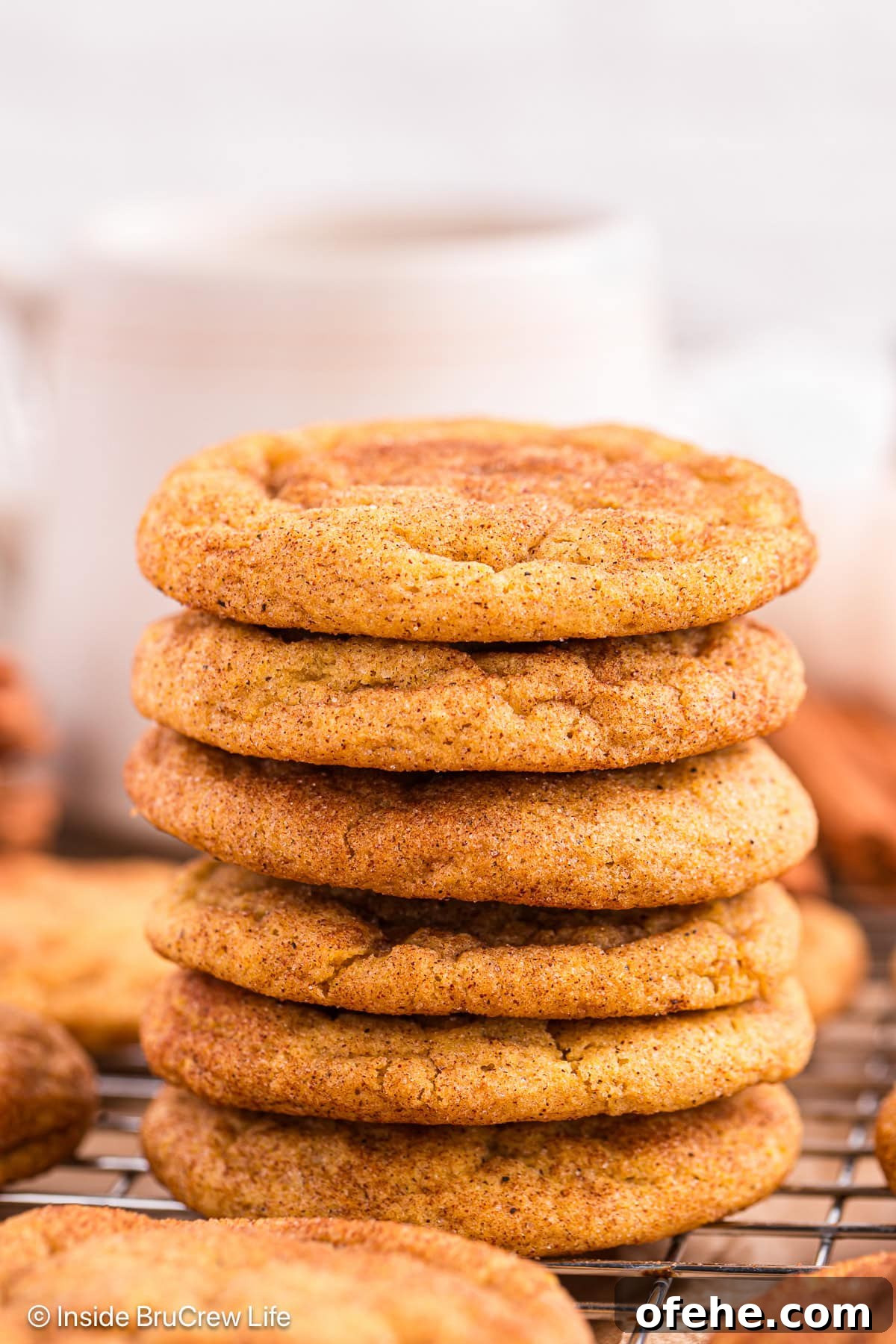 Pumpkin Snickerdoodle Cookies — Soft Fall Spice Recipe 6 Six fall cookies stacked on a wire rack.