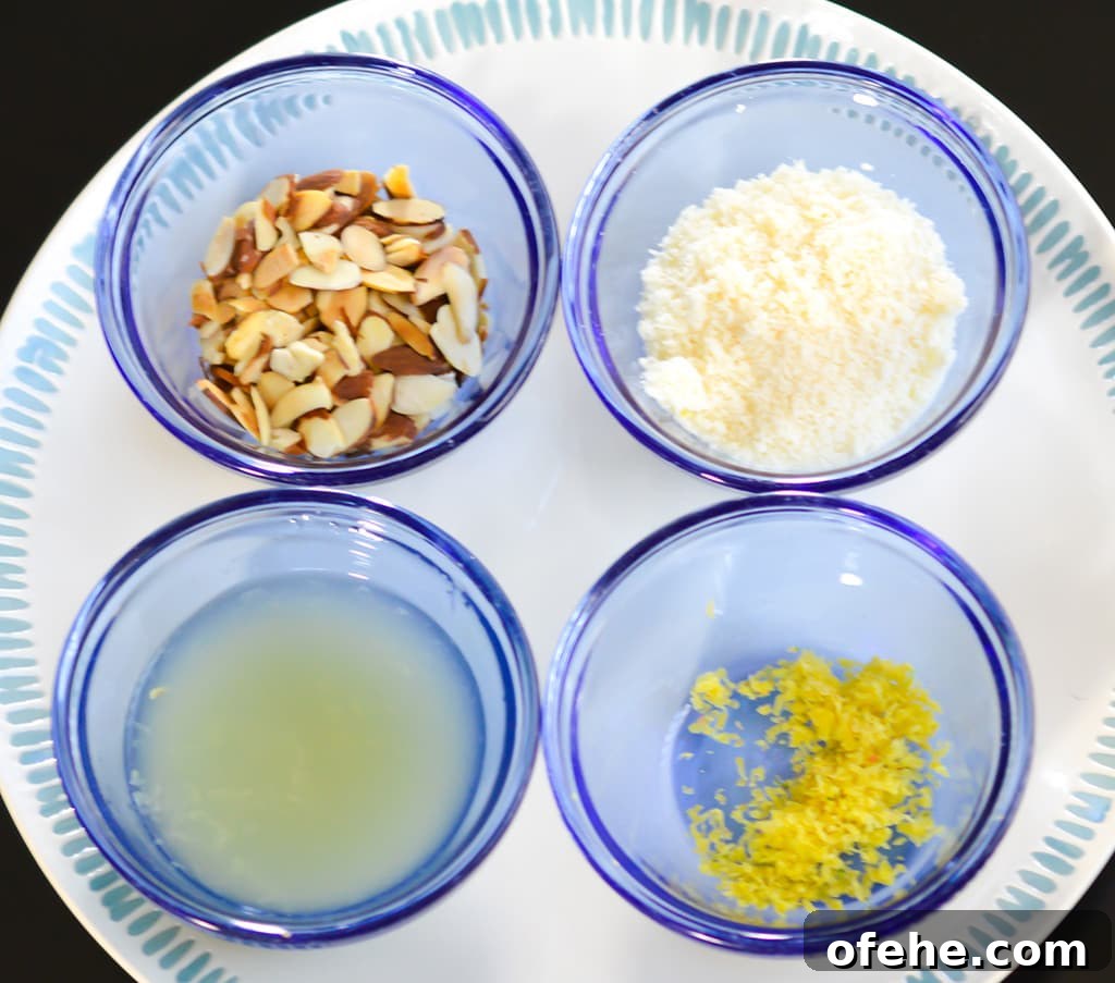 Four bowls containing broccoli ingredients