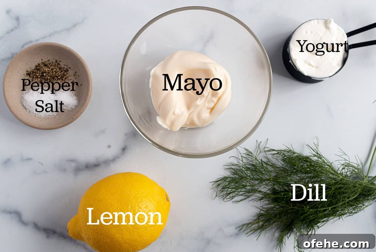 Creamy Lemon Dill Sauce Recipe for Fish and Vegetables 3 Bowl with mayo, measuring cup with yogurt, lemon, dill, salt and pepper.