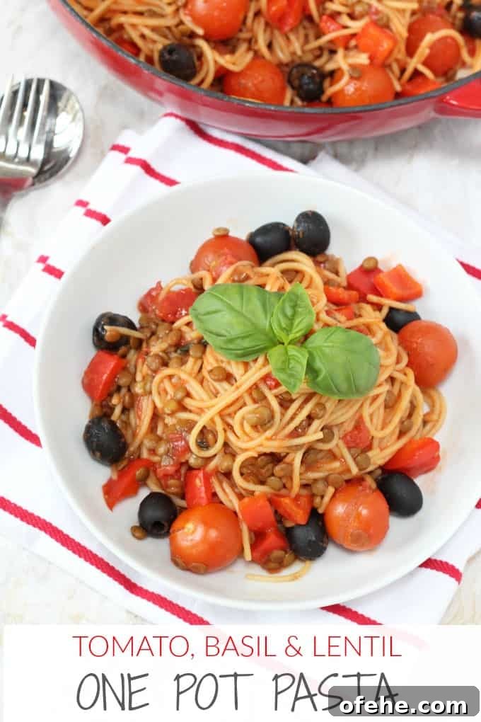 One-Pot Tomato, Basil and Lentil Pasta Recipe 7 One Pot Tomato & Basil Lentil Spaghetti pinterest pin