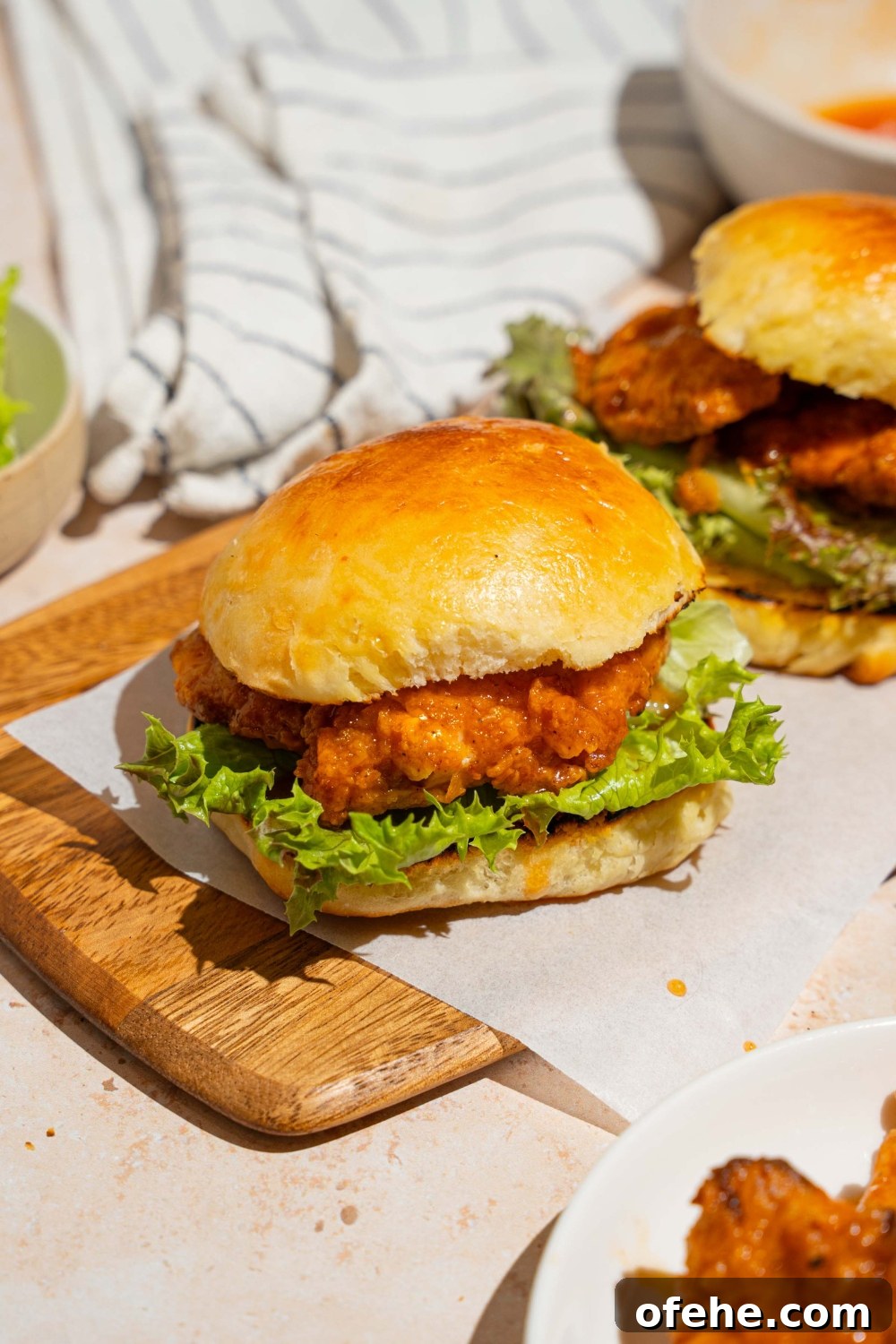Spicy Honey Chicken Sliders with Tangy Slaw 2 A wooden board lined with parchment paper with two hot honey chicken sandwiches. The board is on a tan counter with a white striped napkin.