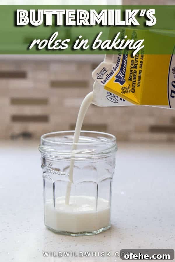 Buttermilk is the baker’s secret to tender baked goods. Learn what it is, why it is used in many recipes, and how to substitute it. #wildwildwhisk #buttermilk Pouring buttermilk into a glass jar