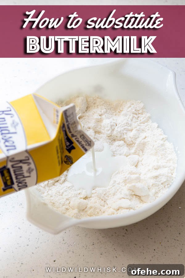 Buttermilk is the baker’s secret to tender baked goods. Learn what it is, why it is used in many recipes, and how to substitute it. #wildwildwhisk #buttermilk Pouring buttermilk into a flour mixture in a mixing bowl