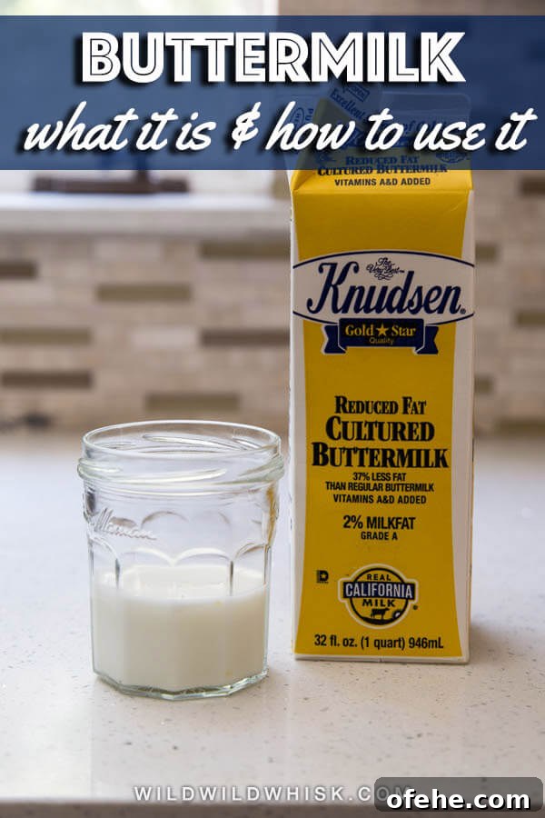 Buttermilk is the baker’s secret to tender baked goods. Learn what it is, why it is used in many recipes, and how to substitute it. #wildwildwhisk #buttermilk Buttermilk in a glass jar standing next to a buttermilk carton
