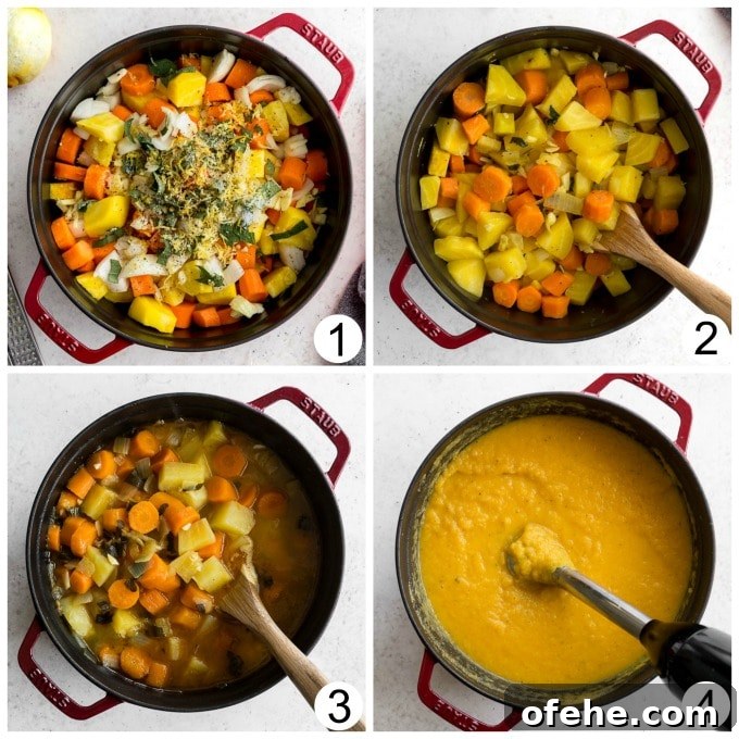 Golden Beet, Carrot & Ginger Soup — Vegan Recipe Guide 4 Collage of photos demonstrating how golden beet soup is made in one pot.