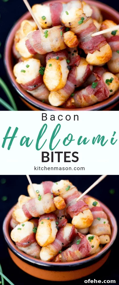 Crispy Bacon-Wrapped Halloumi Bites Recipe 7 bacon halloumi bites in a small dish with cocktail sticks
