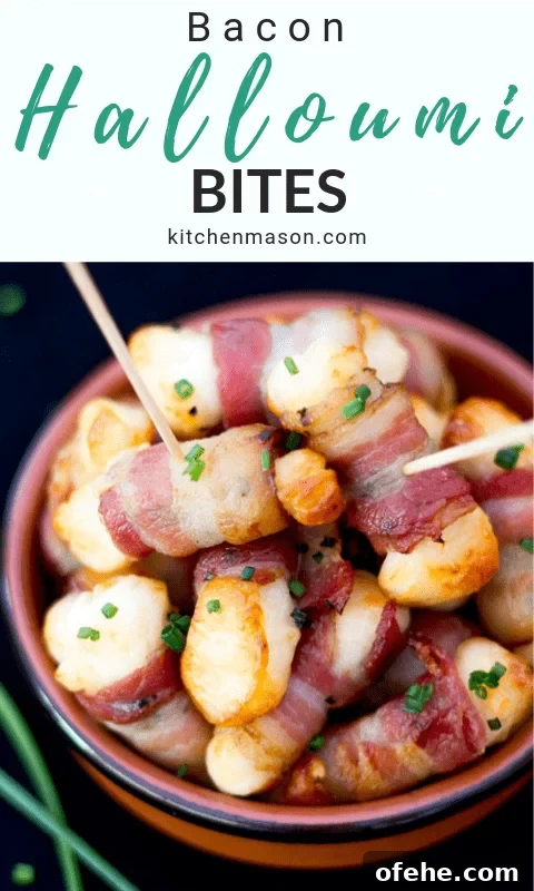 Crispy Bacon-Wrapped Halloumi Bites Recipe 8 bacon halloumi bites in a small dish with cocktail sticks