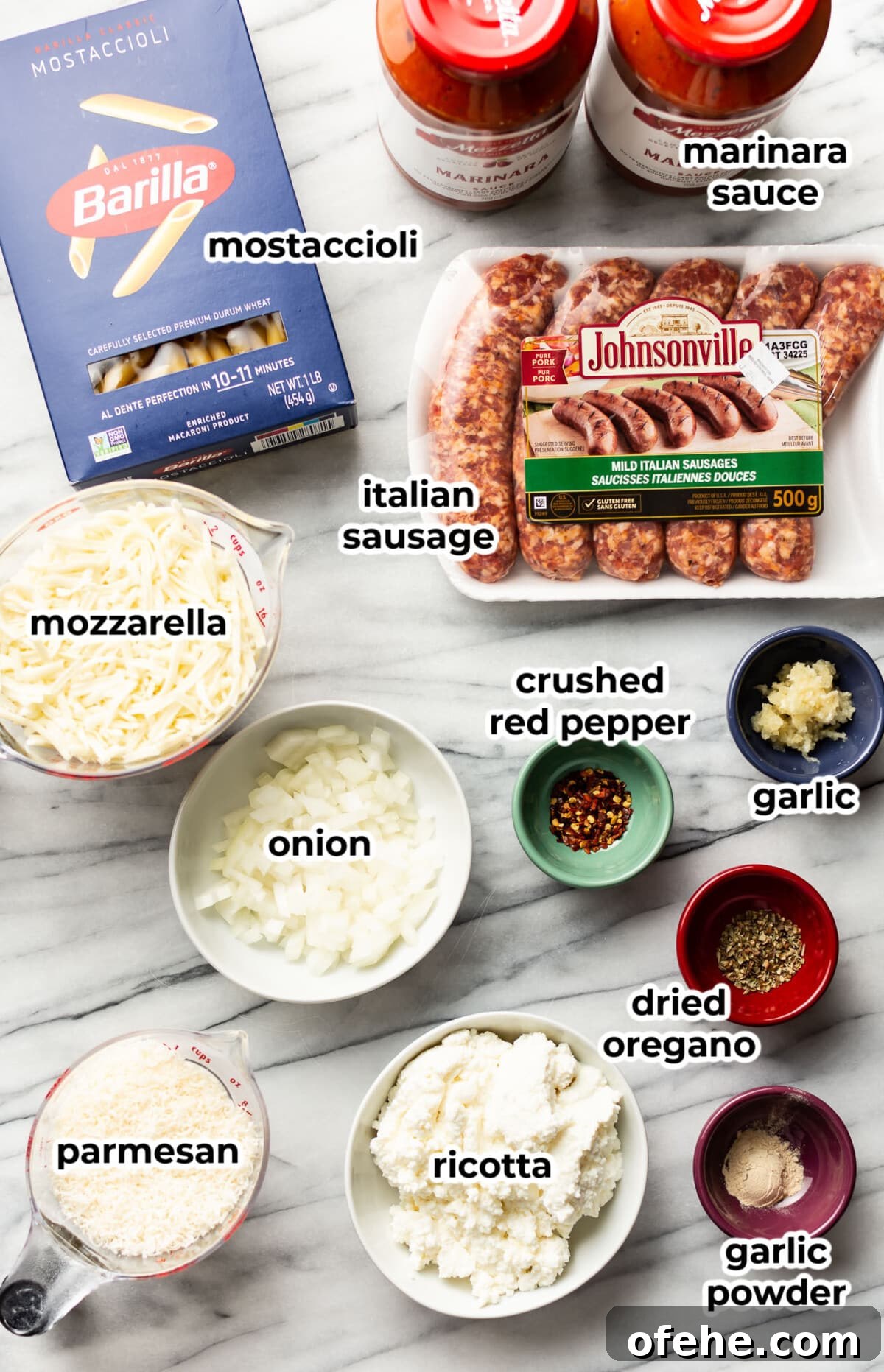 ingredients for mostaccioli in prep bowls