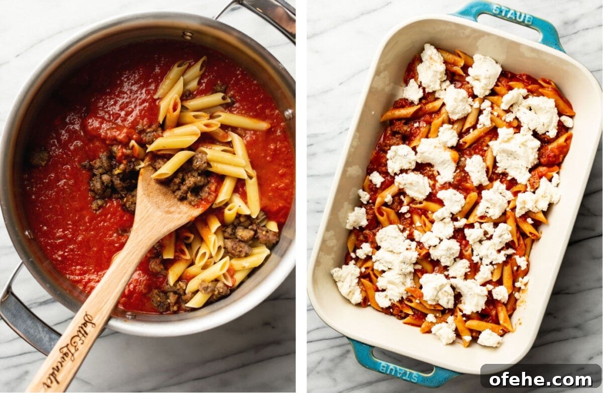mixing pasta and sauce in a pot and adding it to a baking dish for mostaccioli