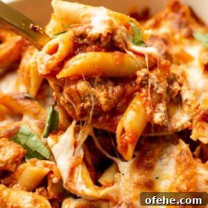closeup of a baking dish with mostaccioli