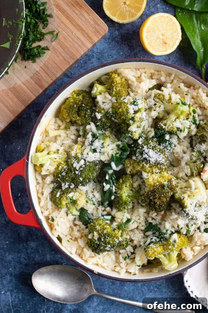 Oven baked broccoli and wild garlic risotto in a red pan.