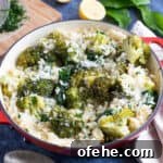 Broccoli and wild garlic risotto with fresh wild garlic leaves in the background.