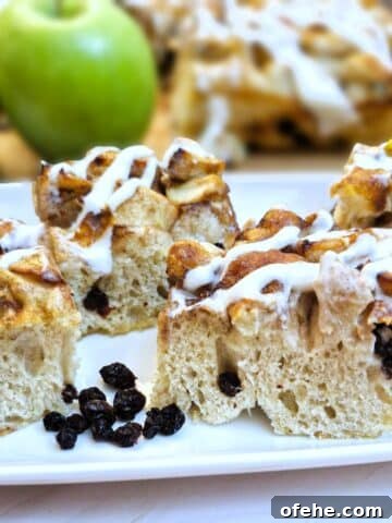 4 slices of apple and raisin focaccia on a white plate with apples in the background.