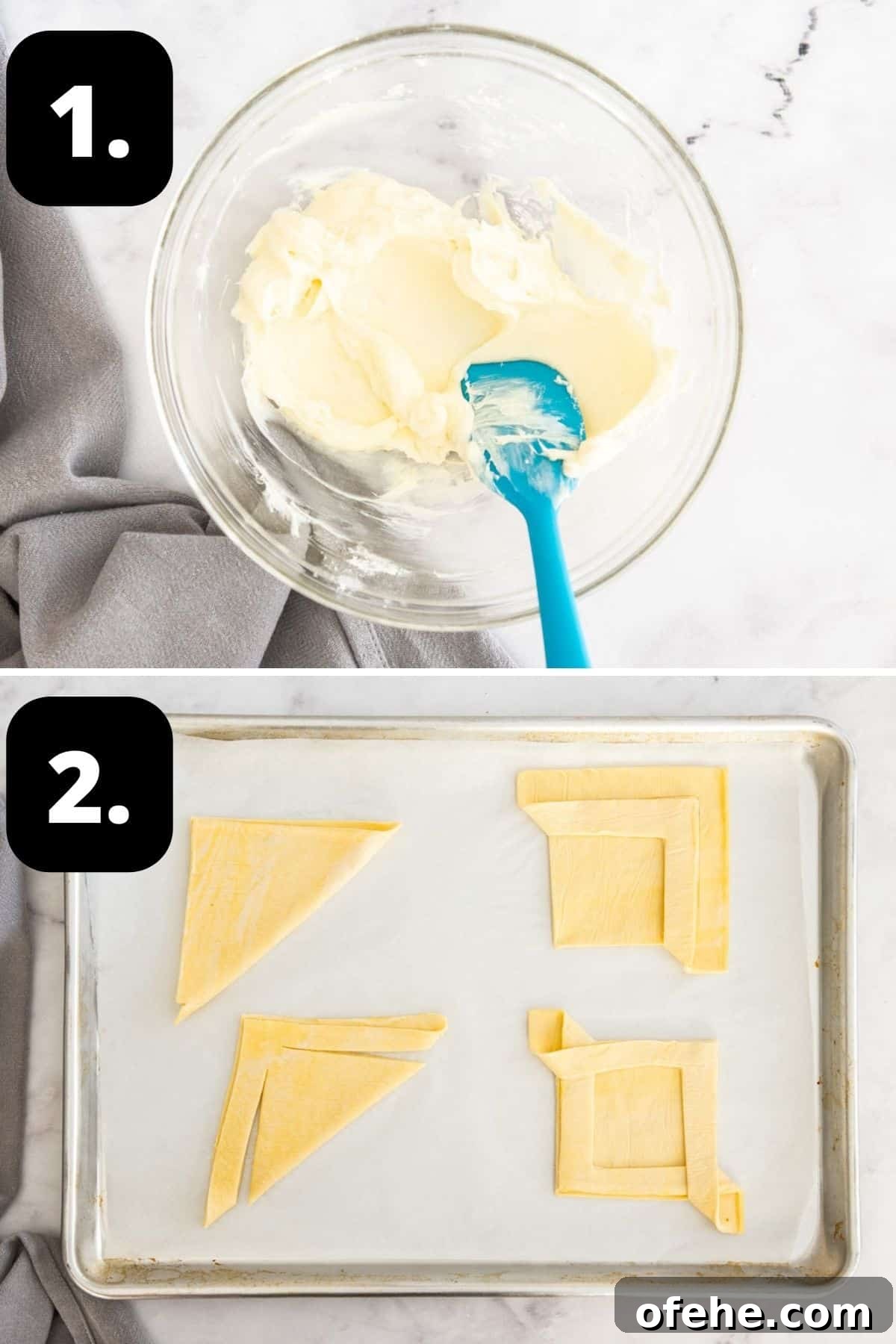 Apricot Cream Cheese Puff Pastry Tart Recipe 4 Steps 1-2 of preparing this recipe: making the cream cheese mixture and the various stages of cutting the puff pastry.