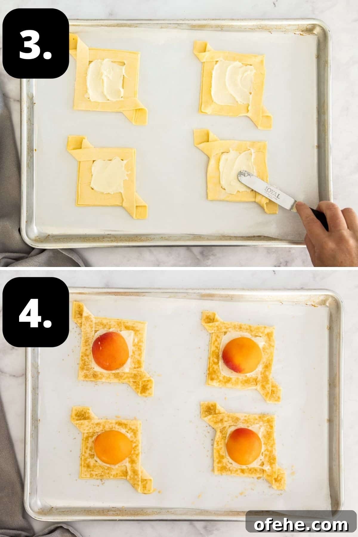 Apricot Cream Cheese Puff Pastry Tart Recipe 5 Steps 3-4 of preparing this recipe: adding the cream cheese to the pastry and topping with the apricot half.