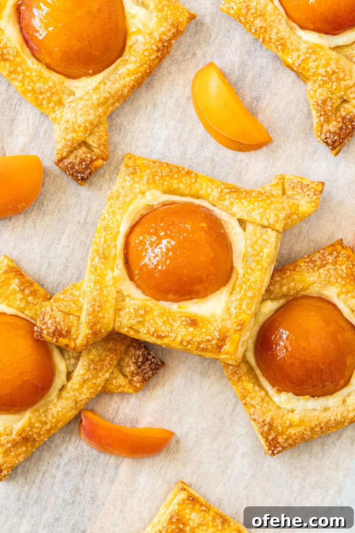 Apricot Cream Cheese Puff Pastry Tart Recipe 6 Baked Apricot and Cream Cheese Pastries on some baking paper.