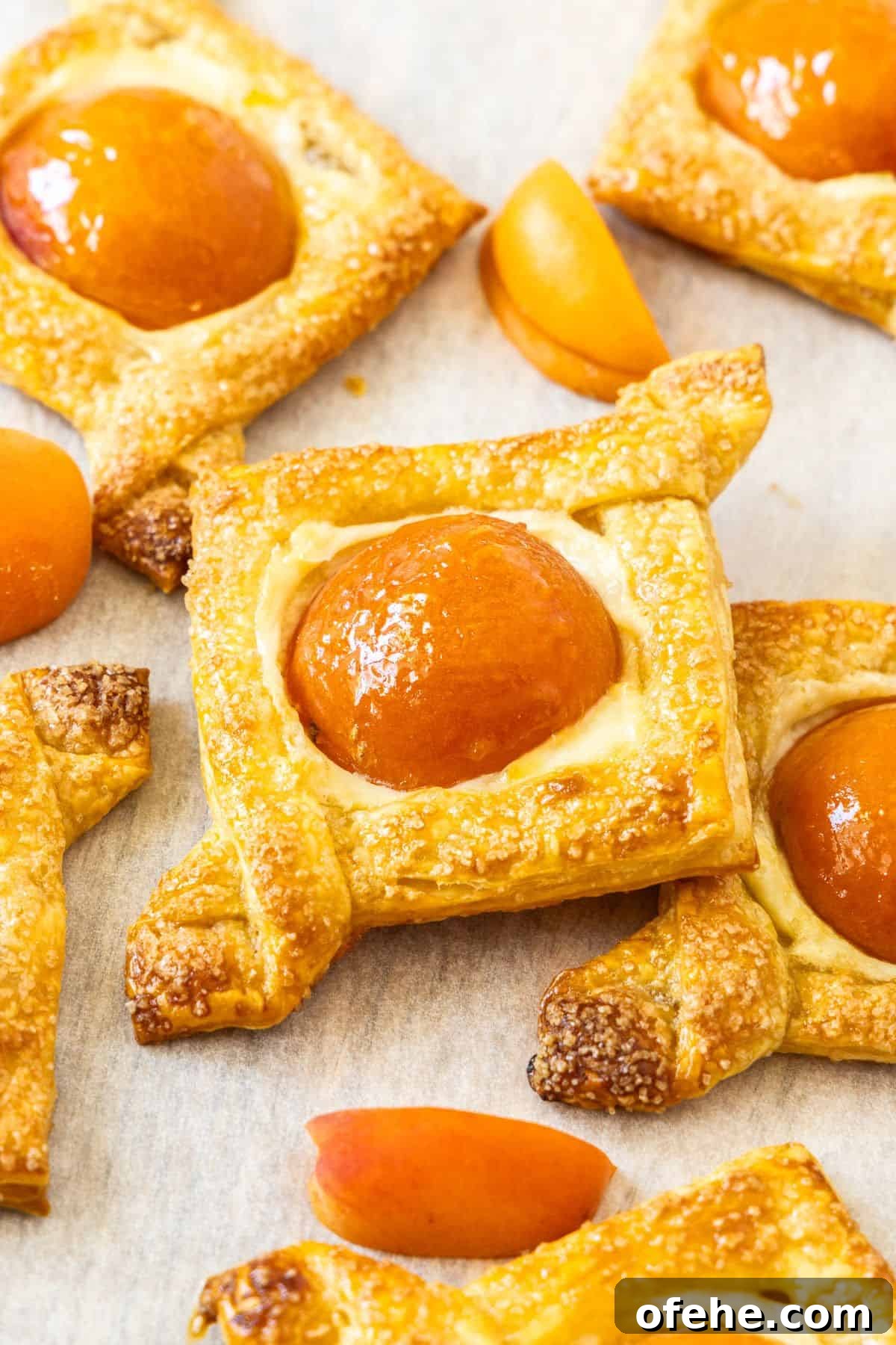 Apricot Cream Cheese Puff Pastry Tart Recipe 7 Baked Apricot and Cream Cheese Pastries on some baking paper.