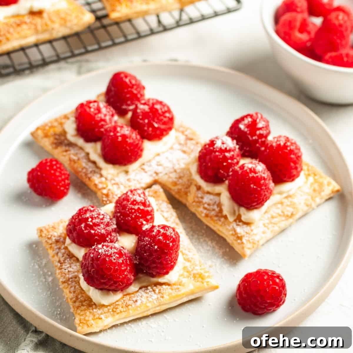 three tartlets on a round white plate, with a couple of raspberries around the edge.