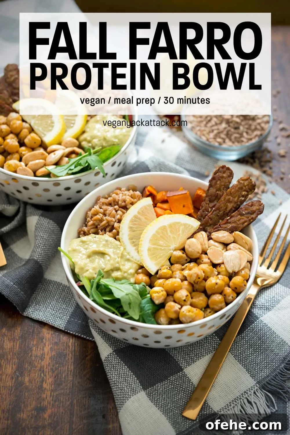 Autumn Farro Protein Bowl with Roasted Veggies & Chickpeas 2 Two vegan fall farro protein bowls filled with almonds, farro, hummus, arugula, roasted chickpeas, tempeh bacon, and sweet potatoes