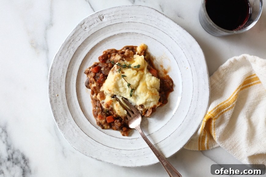 Lentil Shepherd’s Pie with Creamy Cauliflower Crust — Vegetarian & GF 3 Lentil shepherds pie on plate.