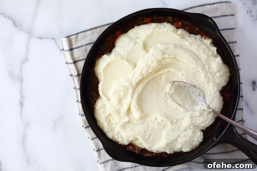 Lentil Shepherd’s Pie with Creamy Cauliflower Crust — Vegetarian & GF 5 Uncooked lentil shepherds pie in cast iron skillet