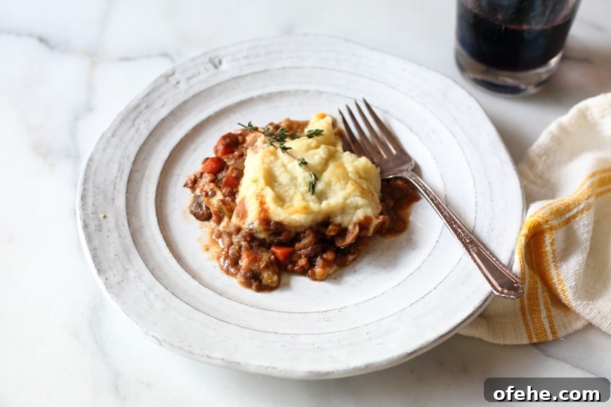 Lentil Shepherd’s Pie with Creamy Cauliflower Crust — Vegetarian & GF 7 Lentil shepherd's pie on plate
