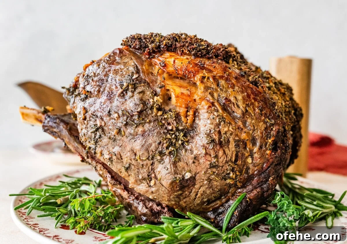 Garlic Herb Crusted Prime Rib Rub: Savory Seasoning Blend 11 standing prime rib roast recipe on a platter with herbs around it.