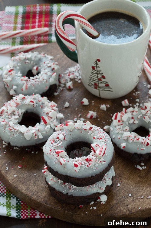 Chocolate Candy Cane Donuts: Peppermint Chocolate Donut Recipe 2 Baked chocolate donuts infused with peppermint flavor, topped with white chocolate and crushed candy canes.