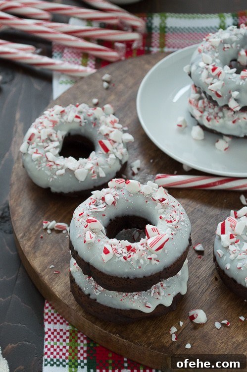 Chocolate Candy Cane Donuts: Peppermint Chocolate Donut Recipe 4 Baked chocolate donuts infused with peppermint flavor, topped with white chocolate and crushed candy canes.