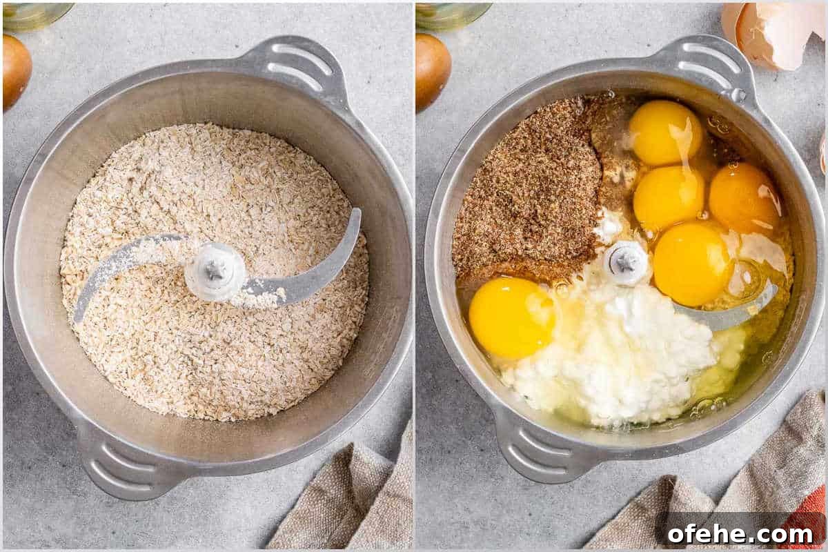 Cottage Cheese Loaf Recipe: Soft, Tangy Homemade Bread 5 image of blended oats and eggs, cottage cheese, and ground flax in a blender.